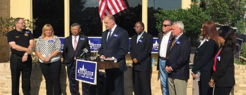 Lakeway Police Chief Todd Radford announces his bid for sheriff of Travis County during a Sept. 21 news conference in East Austin.