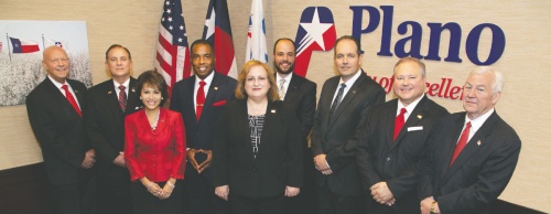 The 2015-16 Plano City Council, from left: City Manager Bruce Glasscock; Council Member Rick Grady; Mayor pro tem Lissa Smith; Mayor Harry LaRosiliere; Council Member Angela Miner; Deputy Mayor pro tem Ben Harris, and council members David Downs, Ron Kelley and Tom Harrison.
