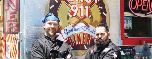 Donut 911 &amp; Diner owner Brandon Alarcon (left) and chef Josh Myers cook a variety of sweets and u201cupscale diner foodu201d at Donut 911 in Kyle. 
