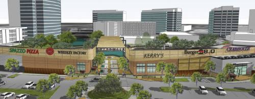 This rendering of The Boardwalk at Granite Park shows only placeholder restaurant names; the actual restaurants have not yet been announced.