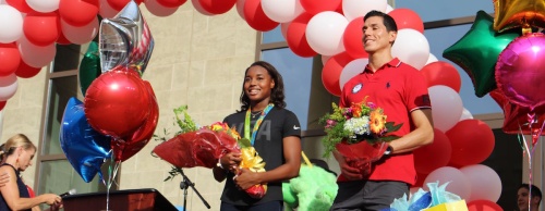 Olympic athletes Simone Manuel and Steven Lopez were welcomed home to Sugar Land with a celebration at Sugar Land Town Square Aug. 25. 
