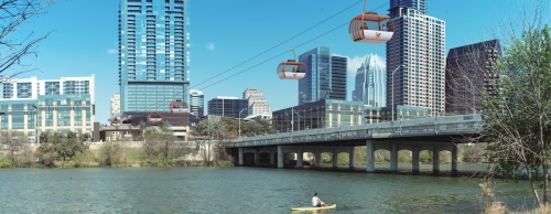 Argodesign is proposing a concept called The Wire gondola system in Austin. Gondolas would stretch above roadways and the river and use South First and Guadalupe streets.