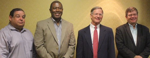  J.R. Gonzales, Buda Chamber of Commerce managing director; Buda City Manager Kenneth Williams, U.S. Rep. Lamar Smith; and Mark Jones, Hays County Precinct 2 commissioner, met at a roundtable hosted by the Buda Area Chamber of Commerce.