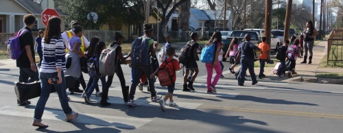 Students at Zavala Elementary School in East Austin participate in a previous Walk or Bike to School Day event hosted by the city of Austin and Austin ISD.