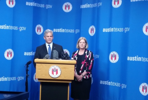Austin Mayor Steve Adler and Austin Interim City Manager Elaine Hart discuss the department of Austin Chief Art Acevedo during a news conference. 