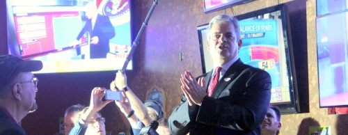 Mayor Steve Adler thanks supporters Tuesday night at Lavaca Street Bar in downtown Austin.