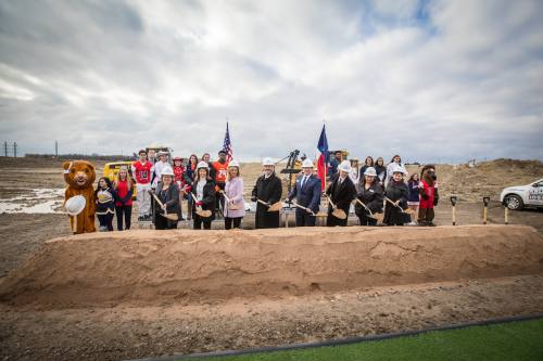 McKinney ISD School Board member Kathi Livezey, Board Secretary Stephanie Ou2019Dell, Board member Amy Dankel, Board President Bobby Amick, MISD Superintendent Dr. Rick McDaniel, Mayor of McKinney Brian Loughmiller and Board members Maria McKinzie and Lynn Sperry officially break ground on the morning of Dec. 6 at the site of the new McKinney ISD Stadium and Community Event Center.