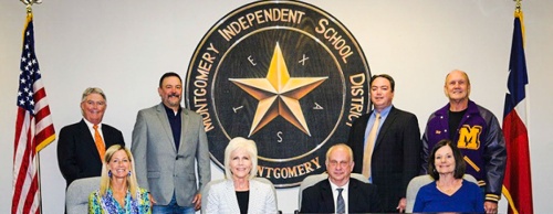 The 2017-18 Montgomery ISD school board of trustees, from left: (top) David Eargle, Trey Kirby, Superintendent Beau Rees and Kurt Stanberry (bottom) Kellie Anderson, Trish Mayne, Ken Thomet and Marry Miller