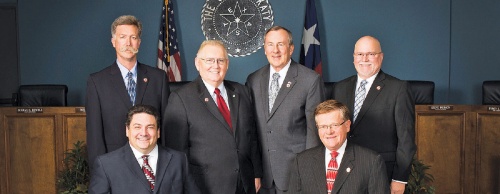 The 2016-17 Katy City Council, from left: Durran Dowdle, James Mendez Jr. (seated), Mayor Fabol Hughes, Chuck Brawner, Steve Pierson (seated), J. Gary Jones
