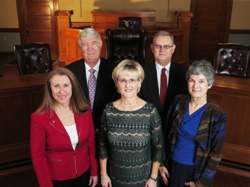 The 2016-17 Williamson County Commissioners Court, from left: (back row) Judge Dan Gattis; Larry Madsen, Precinct 4; (front row) Cynthia Long, Precinct 2; Valerie Covey, Precinct 3; Terry Cook, Precinct 1