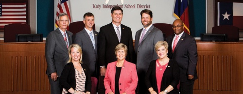 The 2016-17 Katy ISD board of trustees, from left: (top row) George Scott, Charles Griffin, Superintendent Lance Hindt, Treasurer Bryan Michalsky, Sergeant-at-Arms Henry Dibrell, (seated row) Vice President Ashley Vann, President Rebecca Fox and Secretary Courtney Doyle 