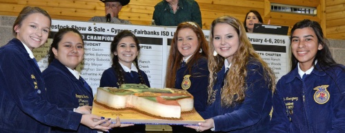 The CFISD Livestock Show Association sold the FFA Cake to Balfour/All-American Letter Jacket for $5,000.