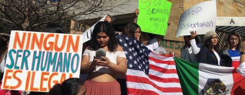 About 150-200 people gathered at Austin city hall in Februrary during the Day Without Immigrants rally.