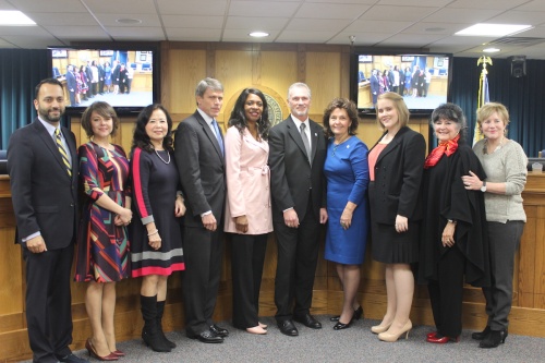 The Austin Community College board of trustees, from left:  Sean Hassan, Place 4;  Julie Ann Nitsch, Place 9; Betty Hwang, Place 8; Mark Williams, Place 1; Gigi Bryant, Place 2; CEO and President Richard Rhodes; Barbara Mink, Place 7; Nicole Eversmann, Place 5; Nora de Hoyos Comstock, Place 6; Nan McRaven, Place 3 