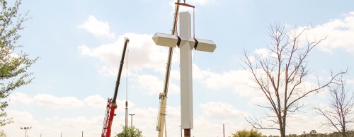 The Cross of Tomball extends 125 feet upward  on the campus of River of Praise Church.