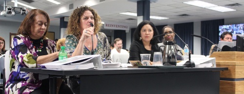 From left: FABPAC tri-chairs Roxanne Evans, Cherylann Campbell and Leticia Caballero gave a final update on the draft Facility Master Plan at a March 27 Austin ISD board meeting. 