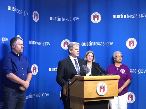 Austin Mayor Steve Adler (center) is joined by (from left) District 6 Council Member Jimmy Flannigan, interim City Manager Elaine Hart and District 1 Council Member Ora Houston as he announces the release of CodeNEXT draft maps April 18.