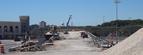 Construction crews continue work on the Aquarena Springs Drive overpass. 