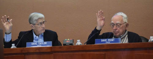 Lakeway Commissioners Dave Taylor (left) and Jeff Point vote April 5 on agenda items.