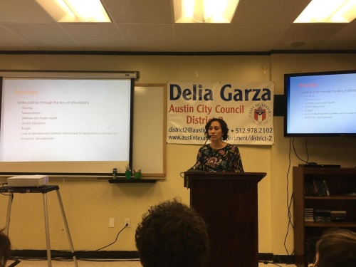 Delia Garza speaks to her constituents at District 2 town hall meeting in 2017. 
