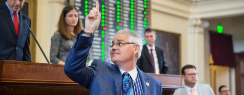 State Rep. Dan Hubertyu2014R, Houston celebrates the passage of House Bill 21 in the Texas House of Representatives.   