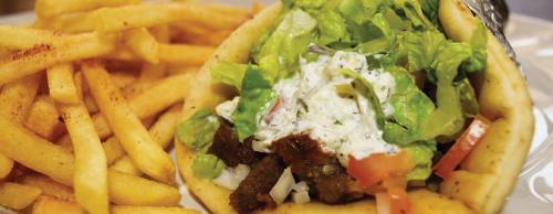Gyros are made with a beef and lamb mix, tzatziki, tomatoes, lettuce and onions and served with fries ($6.99).