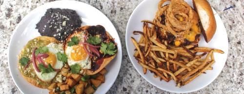 The Huevos Divorciados ($9.99) and 967 Burger are two of the restaurantu2019s most popular brunch items.