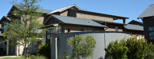 Rainwater harvesting includes collecting rainwater from a roof and storing it in a cistern to distribute for use.