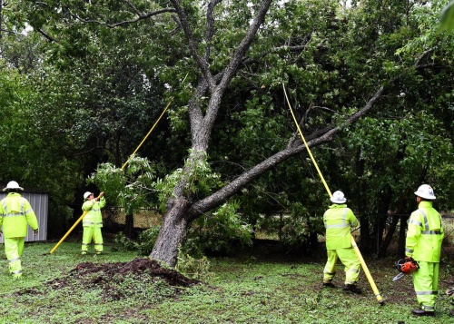 A crew from the city of San Marcos works on cutting a fallen tree. The area experienced several power outages and downed trees during Hurricane Harvey.