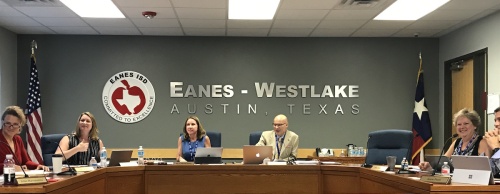 Eanes ISD Board discusses agenda items at a recent meeting.