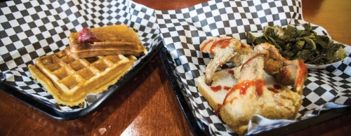 The Rolling Rooster serves homemade waffles, fried chicken and collard greens. 