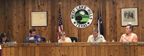 West Lake Hills Mayor Linda Anthony (center) discusses adding funds to the proposed budget for street paving at the Aug. 9 city council meeting. 