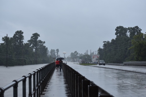 The water in Cypress Creek almost reached the top of the Stuebner Airline Road bridge in Spring on Tuesday.