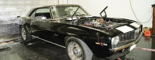 Brackney and Lehmann use a dynamometer to illustrate  the effect of their performance enhancements. This 1969 Camaro is strapped on top of it.