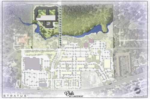This rendering shows a proposed 350-unit apartment complex proposed for the back part of The Oaks at Lakeway PUD. A four-story parking garage would be in the center of the complex. Twenty-five acres of remaining vacant land would be gifted to the city for parkland.