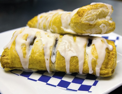 Blue Window Cafe offers a rotating variety of pastries and baked goods, such as apple turnovers