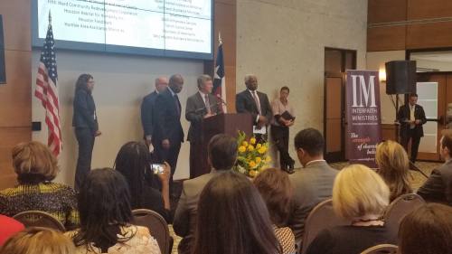 Harris County and Houston officials announced the recipients of the first round of Harvey relief funding at an Oct. 3 press conference.