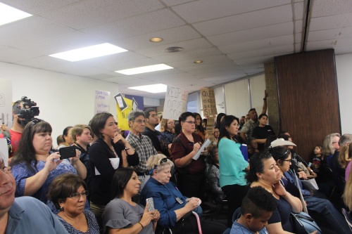 More than 50 people attended San Marcos CISD's board meeting Monday to protest the appointment of Naomi Narvaiz to the Student Health Advisory Council.