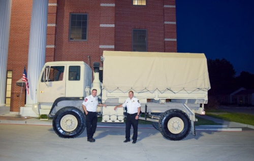 Katy Fire Department Chief Russell Wilson (right) and Assistant Chief Kenny Parker unveiled their new LMTV, 2.5-ton truck for high-water capability after the Katy City Council meeting Sept. 11. The vehicle is capable of operating at near-full submersion.