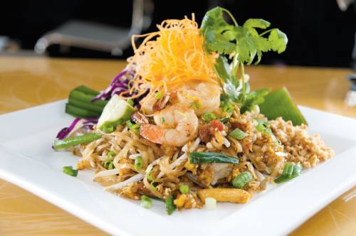 Pad Thai Noodle ($14.45 with shrimp)nThis traditional Thai noodle dish comes with bean sprouts, eggs, tofu, scallions and peanuts stir-fried in a sweet and tangy sauce. 