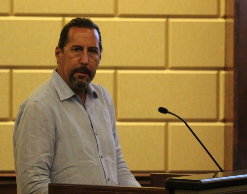 Backyard developer Christopher Milam speaks at Bee Cave's planning and zoning commission meeting, Nov. 7.