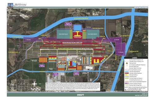 The proposed master plan for the McKinney National Airport offers two build-out plans. This one shows what build-out would look like if land surrounding the airport is acquired by the city. 
