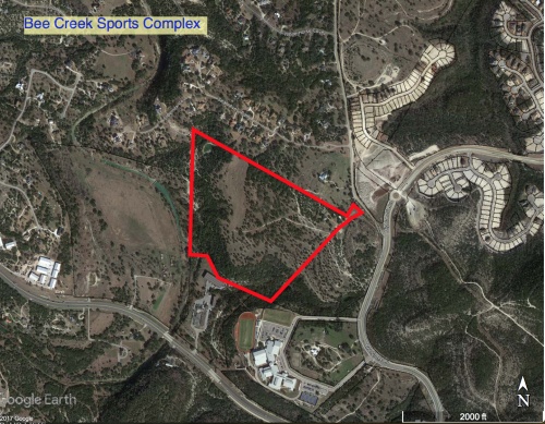 The red border indicates where the 70-acre Bee Creek Sports Complex is slated to go. It is located at Bee Creek Road and Highlands Bvld., in western Travis County. 