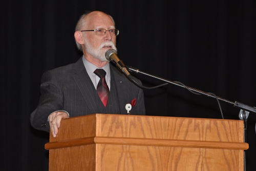 Robert Marrs shares stories of his time working at Campbell Middle School at the schoolu2019s 40-year anniversary ceremony Jan. 25. Marrs helped open the campus in 1978 and is the only remaining original staff member.
