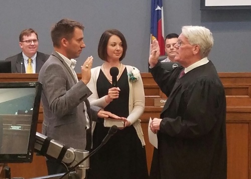 Shane Hines takes the oath to fill the District 1 New Braunfels City Council seat at the Council's regular meeting Feb. 26. On June 4, Hines will host his first citizen forum for the district since taking office.