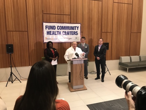 Dr. Guadalupe Zamora, Central Health Board Chair, speaks at a press conference urging congress to renew funding to the Community Health Center Fund. 