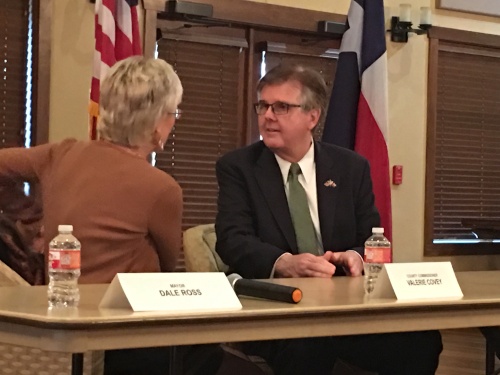 Lt. Gov. Dan Patrick, pictured here talking to Williamson County Commissioner Valerie Covey, visited Georgetown Wednesday morning. 