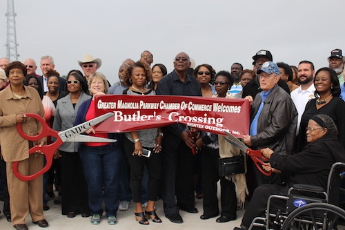 The city of Magnolia and the Greater Magnolia Parkway Chamber of Commerce honor the Butler family at the ribbon-cutting ceremony for the FM 1488 at FM 149 overpass on Feb. 23. Texas Department of Transportation officials said two lanes of the bridge will open Monday, Feb. 26. 