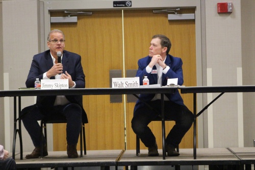 Candidates Jimmy Skipton (left) and Walt Smith at a League of Women Voters debate on Feb. 12. Both GOP candidates are running for Hays County Precinct 4 commissioner.
