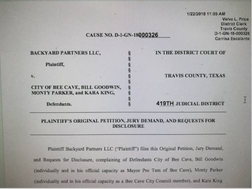 A screen grab shows part of the front page of a lawsuit naming the City of Bee Cave and some council members.